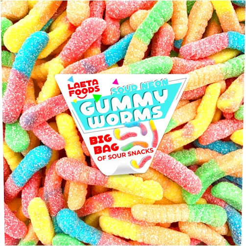 LAETAFOOD Sour Neon Gummy Worms Candy (1 Pound Bag)