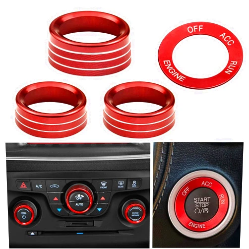 FQQF KOKOFA Aluminum Alloy Blue -Set of 4 Air Conditioner Switch Cover CD Button Knob Ring Compatible with Dodge Challenger Charger Chrysler 300 300s (2015-2021) (Red) (4PCS)