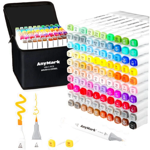 AnyMark Alcohol Markers Brush Tip, 100+1 Colors Dual Tip Brush & Chisel Alcohol-Based Art Markers Set with Case for Kids Adult Artists Drawing Coloring