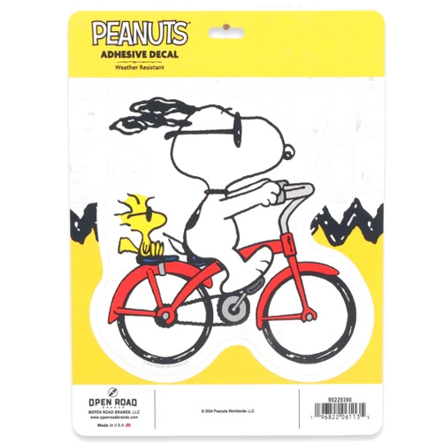 Open Road Brands Peanuts Snoopy and Woodstock Biking Adhesive Vinyl Decal - Fun Snoopy Sticker for Car, Window or Laptop