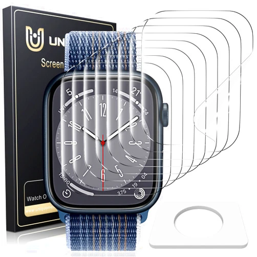 UniqueMe 8 Pack for Apple Watch Series 9/8/7 Screen Protector 45mm, [Strong Asorption] [Flexible TPU Not Glass][Non-Bubbles] iWatch Anti-Scratch Replacement Protection HD Clear Cover Soft Film
