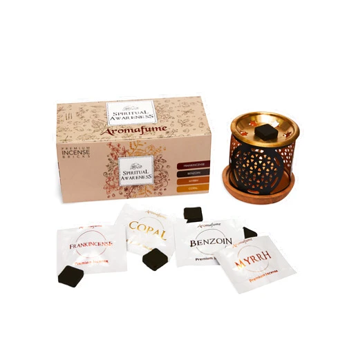 Aromafume Spiritual Awareness Incense Brick Gift Set by Aromafume | 12 Bricks & Flower of Life Exotic Burner | 3 Each - Frankincense, Copal, Benzoin & More | Ideal for Spiritual Cleansing & Enhanced Connection
