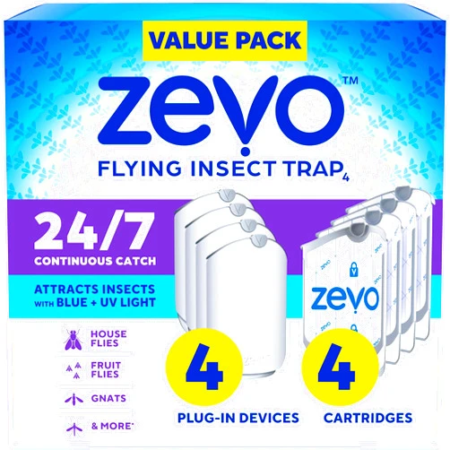 Zevo 4 Flying Insect Traps & 4 Cartridges - Plug In Fly Trap & Indoor Bug Catcher for Gnats, House & Fruit Flies - Mess-Free - Use in Any Room - Uses Blue & UV Light (4 Plug In Devices & 4 Cartridges)