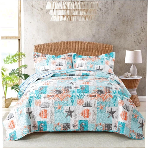 Travan Beach Quilt King Size, Ultra Soft & Fade Resistant Coastal Quilt with 1 Quilt Set and 2 Shams, Seaside Collection Bedspread for All Season, Ancient Mark-01, King