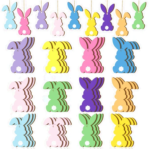 Barydat 36 Pcs Easter Bunny Tree Ornaments Easter Wooden Hanging Decor 12 Color Rabbit Embellishments for Tree Wood Bunny Tags Rabbit Shape Cutouts with String for Party Wall Gift