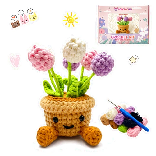 LOLCROCHET Crochet Kit for Beginners, Learn Crochet Flower Kit, Include Video Tutorial & Manual, Easy Knitting Yarn for Adult & Kid 12+, DIY Holiday Birthday Gift Idea(Potted Tulip Floral)