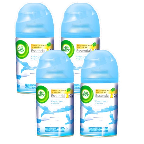 Air Wick Freshmatic 4 Refills Automatic Spray, Fresh Linen, 4ct, New Look, Same familiar smell of Fresh Laundry, Essential Oil, Odor Neutralization, Packaging May Vary