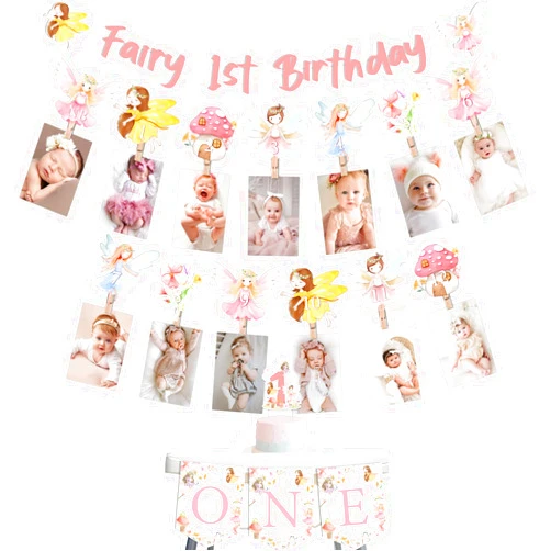 Funmemoir Fairy 1st Birthday Decorations - My Fairy 1st Birthday High Chair Banner, Monthly Photo Banner with Clips, Cake Topper, Woodland Floral Butterfly 1st Bday Party Decor for Girl