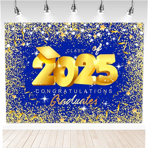 Mocsicka Class of 2025 Backdrop 7x5ft Graduation Royal Blue and Gold Congrats Grad Party Photo Backdrops Graduate Party Decorations Photography Studio Background