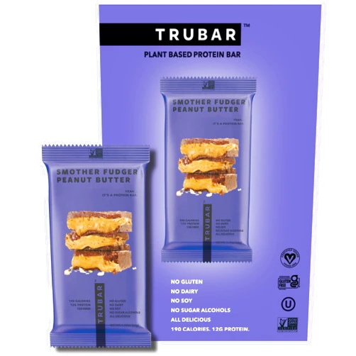 TRUBAR Vegan Protein Bar, Smother Fudger Peanut Butter, Gluten Free, Plant Based Protein, Dairy Free, Non GMO, Soy Free, No Sugar Alcohols, 12G Protein, 12G Fiber, Healthy on the Go Snack Bars, 12 CT