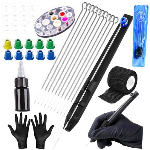 Fegdyi 37 PCS Tattoo Needle Set 2 PCS 3RL 5RL 7RL 9RL 5RS Stainless Steel 1 PCS 30ml color、handle black 、 brush 、color cup 、 bandage (4.5m)、10 PCS tattoo needle pad 10 PCS color cup 2 PCS glove