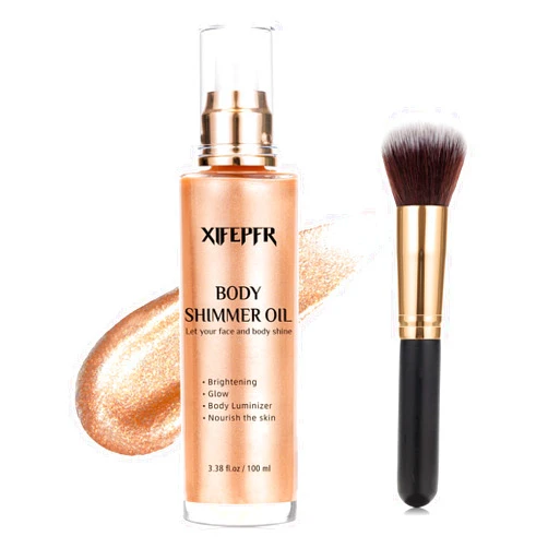 Xifepfr Body Shimmer Oil, Rose Gold Face Brighten Glow Body Luminizer Highlighter Liquid Illuminator with Makeup Brush, Long Lasting Moisturizing Body Glitter Oil for Makeup (3.38 Fl Oz/#05)