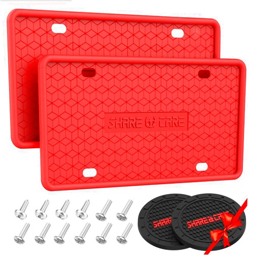 QiqaMole 2 Pack Silicone License Plate Frame, Front Back License Plate Cover, License Plate Bracket Holder Rust-Proof, Rattle-Proof, Weather-Proof for US CA Standard Car & 2Pcs Water Coaster (Red)