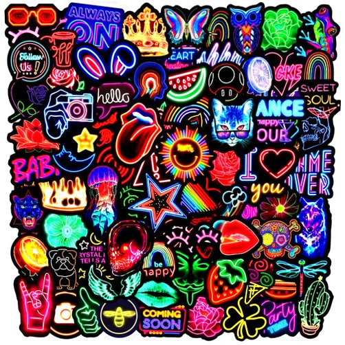 Generic Neon Stickers Decal Waterproof Vinyl Stickers Pack for Water Bottle Laptop Skateboard Guitar Luggage School Carnival Party Supplies etc Sticker Pack for Kids Adults Teens (100Pcs Neon Style)