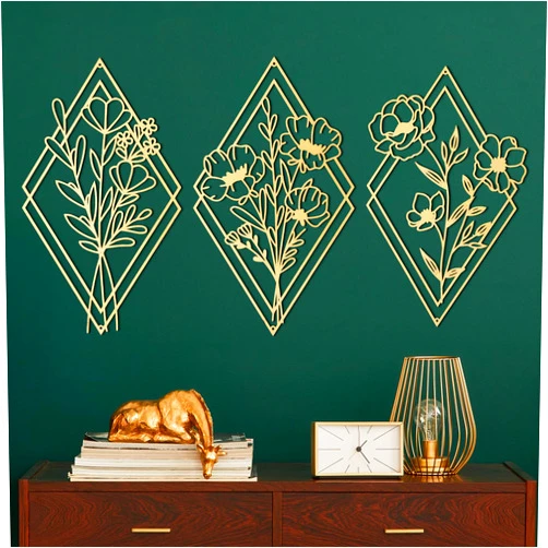 Peryiter 3 Pcs Metal Flower Wall Decor Minimalist Floral Wall Hanging Decor Flower Metal Wall Art Floral Metal Wall Decor for Living Room, Bathroom, Kitchen Indoor Outdoor (Gold,Diamond)