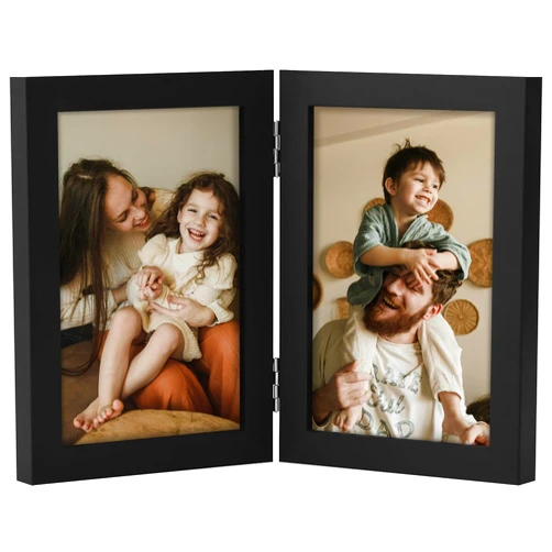 decorUhome Double 4x6 Picture Frame Vertical, Engineered Wood Bifold Photo Frame with Plexiglass for Tabletop Display, Double Picture Frames 4x6 Black