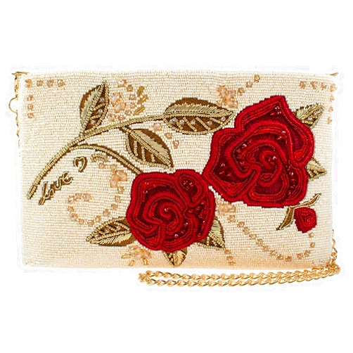 Mary Frances Roses are Red Beaded Crossbody Clutch Handbag, Ivory