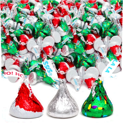 GEEOOLLAH Kisses Christmas Mix 5LB – Santa Hat & Christmas Tree Chocolate Kisses, Individually Wrapped Holiday Candy in Red, Green & Silver Foil – Bulk Treats for Christmas Parties & Stocking Stuffers (5LB)