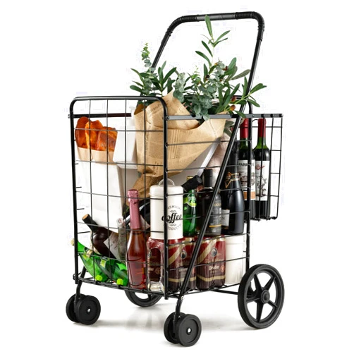 Goplus Jumbo Folding Shopping Cart with Rolling Swivel Wheels, Foldable Grocery Cart on Wheels with Double Basket, Heavy Duty Utility Cart, Shopping Carts for Groceries Laundry Book Luggage Travel
