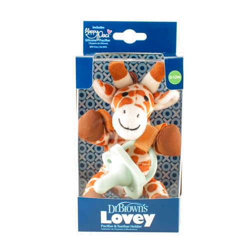 Dr. Brown's Baby Lovey Pacifier & Teether Holder, 0-12m, Giraffe with Light Green HappyPaci, 100% Silicone, 0-6 m (Packaging May Vary)