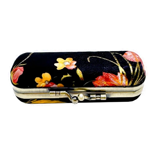 MIAO JIN Lipstick case with mirror Lipstick case Storage case Kiss lock of iron Mini portable Vintage floral pattern jewelry case cosmetic case (Black)