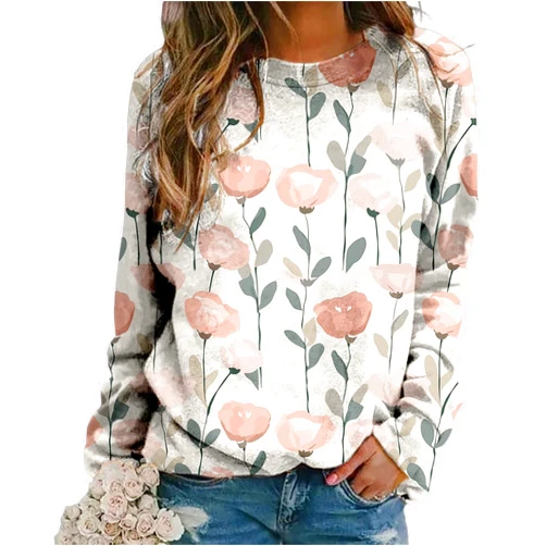 DMOYALA Women's Oversized Graphic Sweatshirts Flower 3D Print Shirts Casual Long Sleeve Crewneck Pullovers Tops Plus Size
