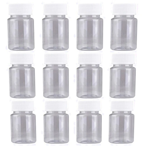 Happyupcity 12Pcs 50ml/1.7oz Clear Empty Plastic Bottle with White Screw Cap Refillable Sample Vial Mini Storage Bottles Travel Small Container Wide Mouth Reagent Bottle for Home Lab
