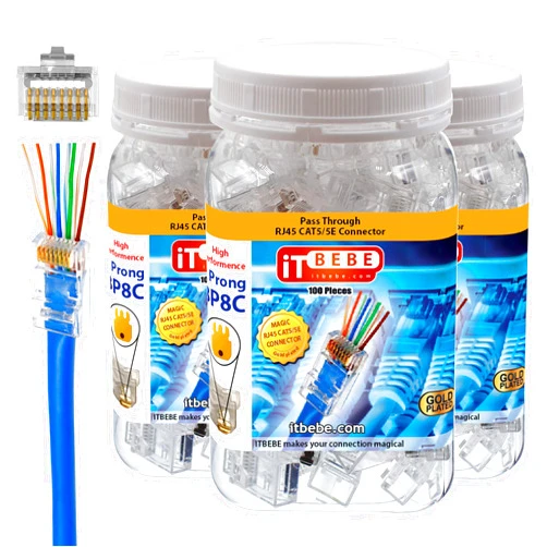 Itbebe.com ITBEBE 300 Pieces - Gold Plated RJ45 Cat5, Cat5e Pass Through Connectors - 3 Prong 3u Pass Through 8P8C UTP Jack Ends