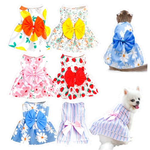 KATOLK 6 Pieces Dog Dresses for Small Dogs Girls, Cute Princess Puppy Kitten Dog Dresses with Flowers and Bowknot for Pet Dogs Cats, Small Dog Outfits Female Pet Skirts Clothes for Chihuahua Yorkies