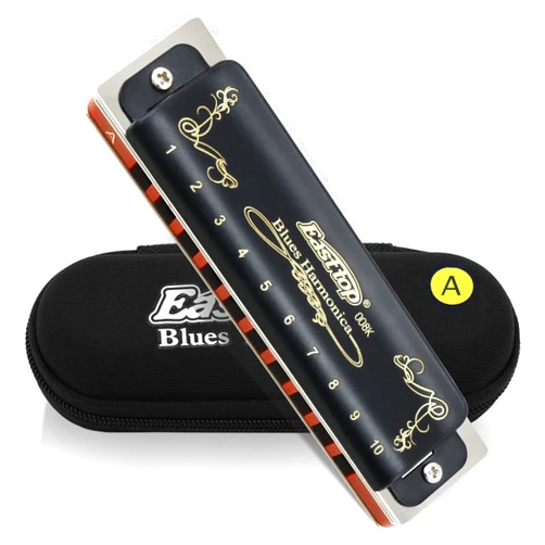 East top Diatonic Harmonica Key of A 10 Holes 20 Tones 008K Blues Harp Mouth Organ Harmonica with Black Cover, Top Grade Harmonica for Adults, Professionals and Students
