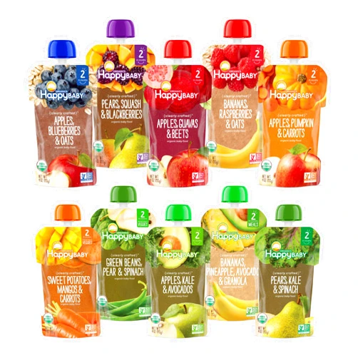Happy Baby Organics Stage 2 Baby Food Pouches, Gluten Free, Vegan & Healthy Snack, Clearly Crafted Fruit & Veggie Puree, Fruit & Veggie Variety Pack, 4 Ounces (Pack of 10)