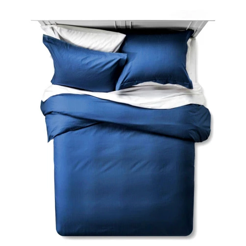 FEATHER & STITCH NEW YORK Feather & Stitch Queen Size Duvet Cover Set, 500 Thread Count Damask Stripe 3 Piece Full Size Duvet Insert Cover Set, 100% Pure Cotton Comforter Cover, 2 Pillow Shams, Zipper Closure - Dark Blue