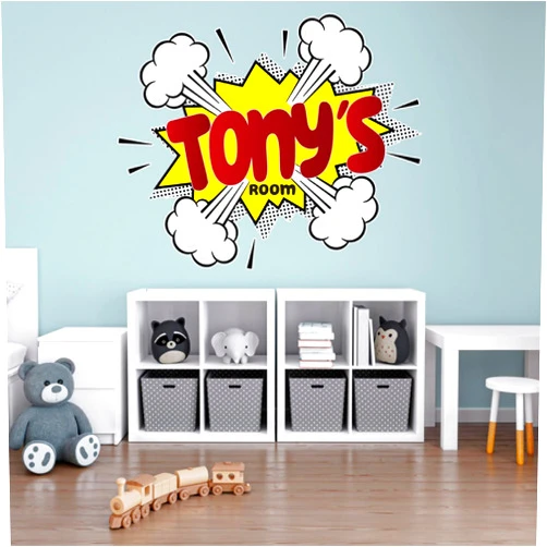Generic Cartoon Wall Sticker, Custom Name Decal, Kids Bedroom Decoration, Personalized Comic Book Name, Boys & Girls Room Decor, Comic Wall Decal, Nursery Wall Decal, PN-CM.01, Red & Yellow