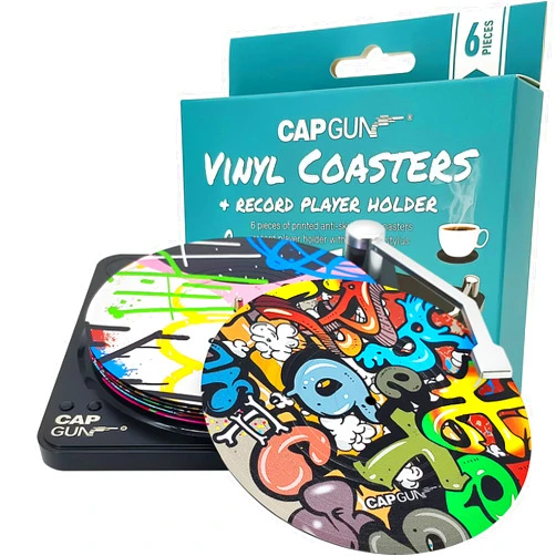 RADIXIUM Funny Retro Vinyl Record Coasters, Creative Drink Coasters Set of 6 with Vinyl Record Player Holder for Music Lovers, Housewarming Hostess Gifts, Birthday and White Elephant Gifts Ideas
