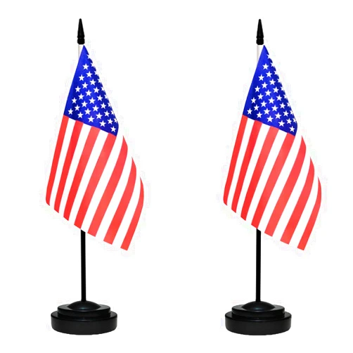Tibijoy US American Deluxe Desk Table Flag Set Small Mini Miniature USA Table Desktop Flags With Solid Pole, Black Base and Spear Top(2 Pack)
