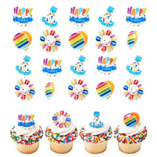 DecoPac Happy Birthday Rings, 24 Cupcake Toppers Featuring Multi-Colored Balloons, Party Hats, Streamers, Bright Colors - 24 Pack