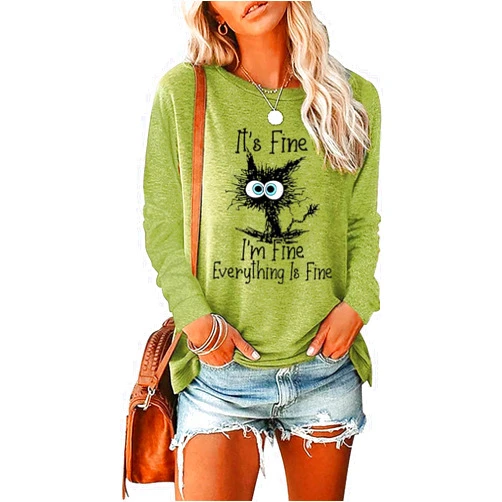 WFIAOUESS It's Fine I'm Fine Everything is Fine Sweatshirt Fine Funny Cat Christmas Sweatshirt for Women Cute Fine Tee Tops
