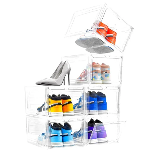 Attelite Drop Front Plastic Shoe Box with Clear Door,Set of 6,Stackable,For Display Sneakers,Easy Assembly,Fit up to US Size 12(13.4”x 10.6”x 7.4”)