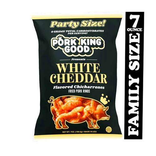 Pork King Good White Cheddar Pork Rinds 7 OZ FAMILY SIZE (Chicharrones - Keto Snacks)