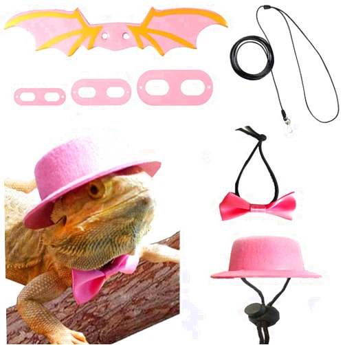 OCHSTIN Valentine's Day Lizard Leash Harness Hat Bowtie Set - Bearded Dragon Valentine's Day Hat+Bowtie+3 Pack Reptile Harness Leash for Bearded Dragon Iguana Amphibians Small Animal Clothes Outfit (Pink)