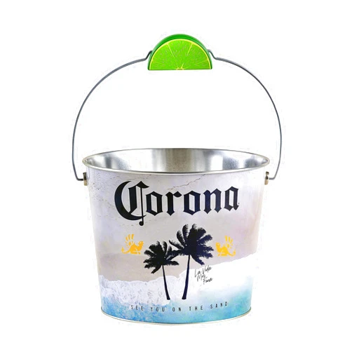 The Tin Box Company Corona Beverage Bucket with Wire Handle and Lime Grip, Beach Scene (423317-12)