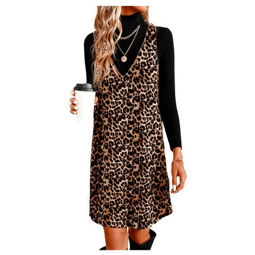 SOLY HUX Women's Leopard Print Sleeveless Dress Pinafore Overall Short Dress V Neck Tank Dresses