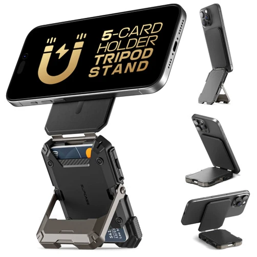 SUPCASE for MagSafe Wallet with Stand, Magnetic Wallet for Men, [Hold 5 Cards] [Adjustable Stand] [RFID Blocking] Phone Credit Card Holder Tripod for iPhone 17/16/15/14/13/12 Series, Black