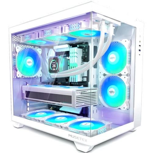 MUSETEX ATX PC Case, 6 PWM ARGB Fans Pre-Installed, 360MM RAD Support, Type-C Gaming PC Case, 270° Full View Tempered Glass Mid Tower, Pure White ATX Computer Case,Y6