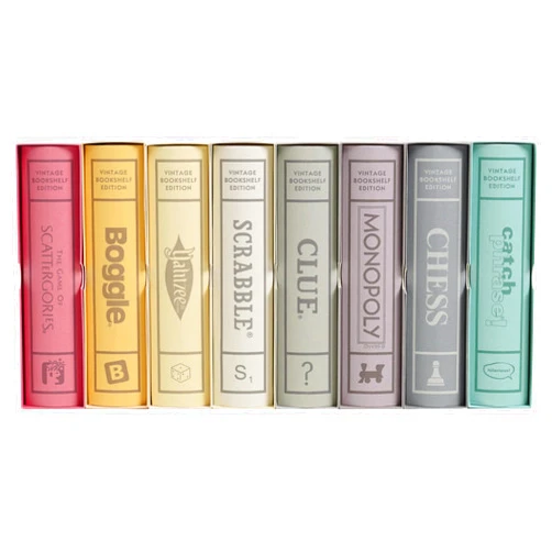 WS Game Company Collection of 8 Vintage Bookshelf Edition Board Games Including Scrabble, Monopoly, Clue, Yahtzee, Catch Phrase, Chess, Scattergories, and Boggle