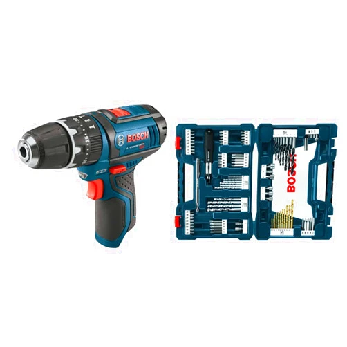 Bosch PS130N 12V Max 3/8 In. Hammer Drill/Driver (Bare Tool), Blue&BOSCH 91-Piece Drilling and Driving Mixed Set MS4091