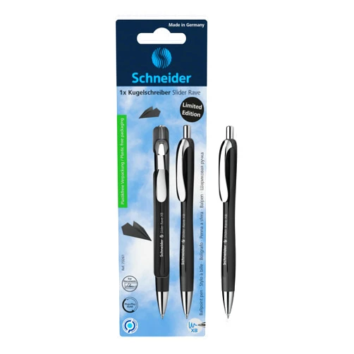Schneider® Limited Edition Slider Rave Black, XB (Extra Broad) Ballpoint Pen, Refillable + Retractable, 1.4 mm, Black Barrel, Blue Ink, Blister Pack of 1 Pen (73261)
