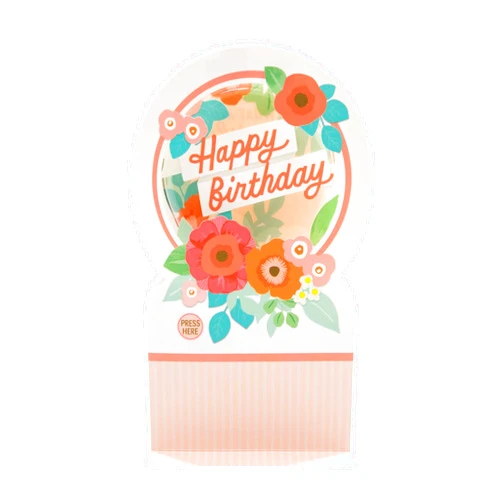 Hallmark Birthday Card, 3D Birthday Design, Pop Up Card, Musical, Motion, Snow Globe, Pink Confetti, Pink Snow, Florals, Flowers, Pink, Orange, Blue