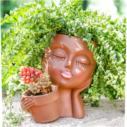 Vomiceak Face Planter Pots Head Planters for Indoor Outdoor Plants - Double Plant Pots for Flower Succulent with Drainage Holes - Ideal Present Ideas(Black Lady)