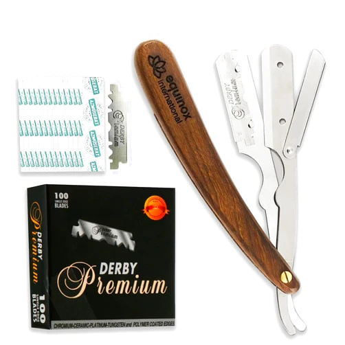 Equinox International Equinox Fancy Straight Edge Razor - Manual Shaver for Men - Includes 100 Disposable Derby Blades - Wooden Handle - Barber Kit - Straight Razors for Men - Navajas para barbero - retro straight razor